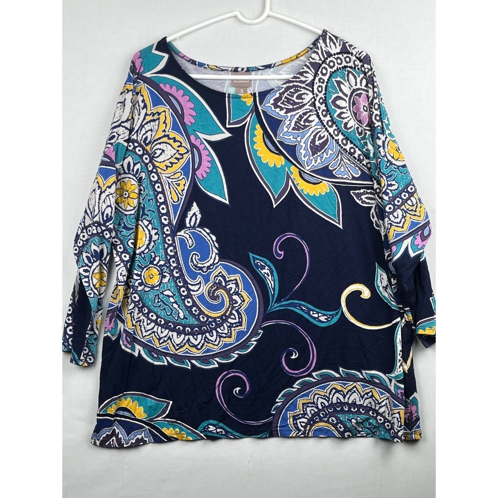 Chico's Paisley Floral Print Top Size 3 XL Navy Blue 3/4 Sleeve Boat Neck Jersey